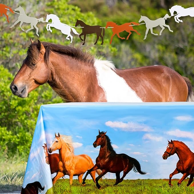 Outus Horse Party Decorations - 4 Pieces Supplies Including 2 Plastic Tablecloths and 2 Horse Garland Paper Banners for Themed Party Racing Activity