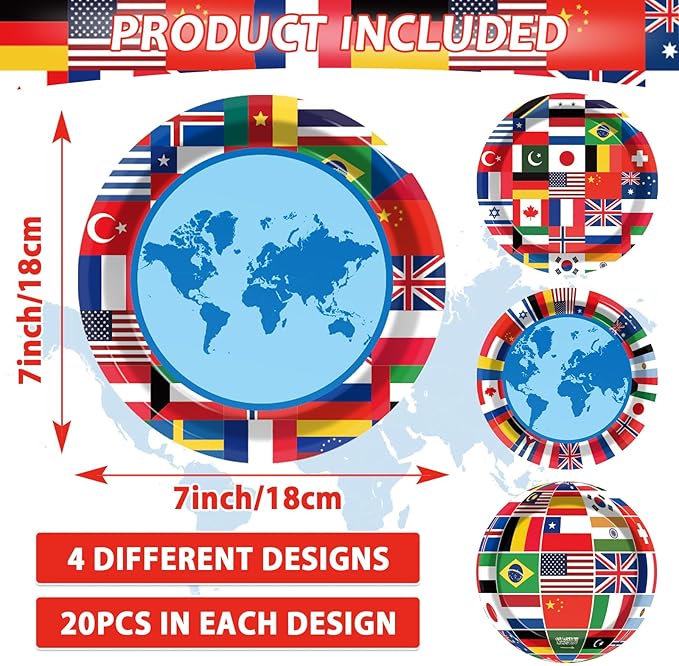 Wiooffen 80Pcs International World Flags Plates Around the World Globe Party Tableware Decorations International Flags 7'' Paper Cake Dessert Dinner Plates for Travel Trip Retirement Party Supplies