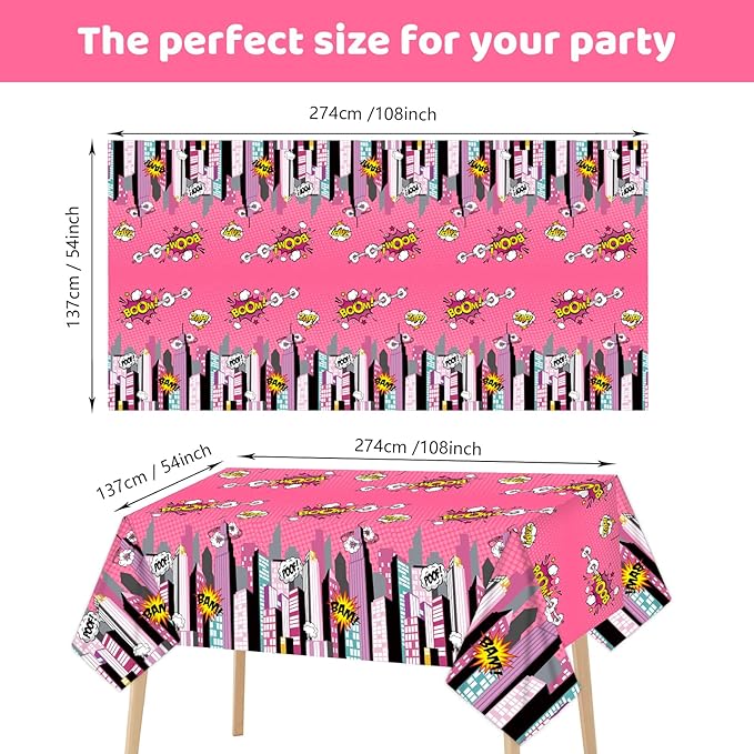gisgfim 3 Pcs Super Girl Hero Party Tablecloth Pink Super Girl Hero Theme Party Supplies Decorations for Kids Girls Disposable Plastic Table Cover 105 x 54 inch