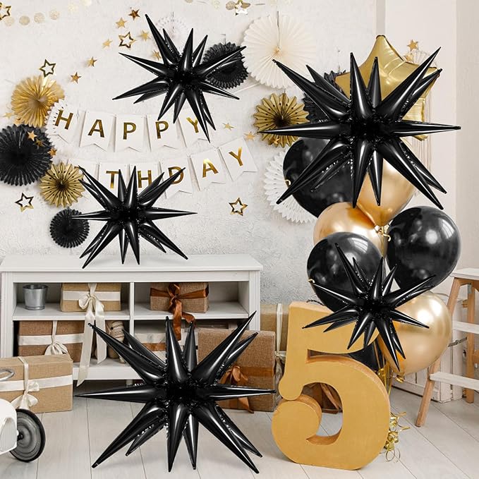 10 Pcs Black Star Balloons Explosion Balloons Foil Cone Balloon Magic for Birthday Wedding Anniversary Party Backdrops Decorations Supplies, 6 Pcs 22 Inches and 4 Pcs 27 Inches