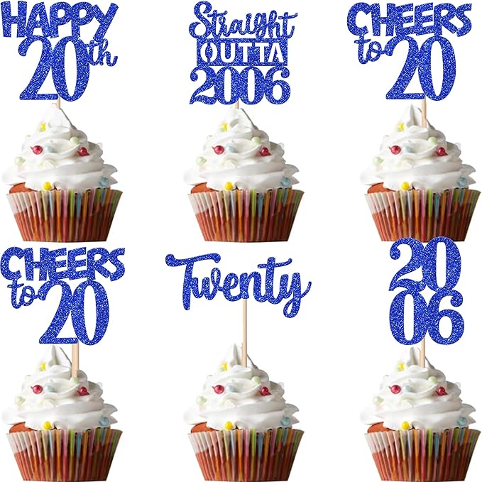30 PCS 20th Birthday Cupcake Toppers Glitter Twenty Happy 20 Straight Outta 2006 Cupcake Picks for Cheers to 20 Fabulous 20th Birthday Anniversary Party Cake Decorations Supplier Blue