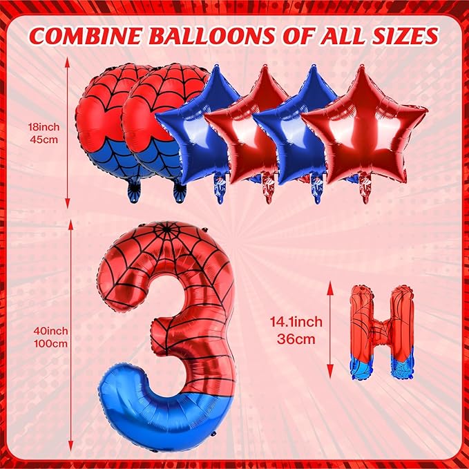 Spider Themed Happy Birthday Banner Party Decorations Set Including 40 Inch Number 3 Foil Balloons, Themed Party Essentials, Colorful Superhero Backdrop Supplies for Boys Indoor Outdoor Celebration