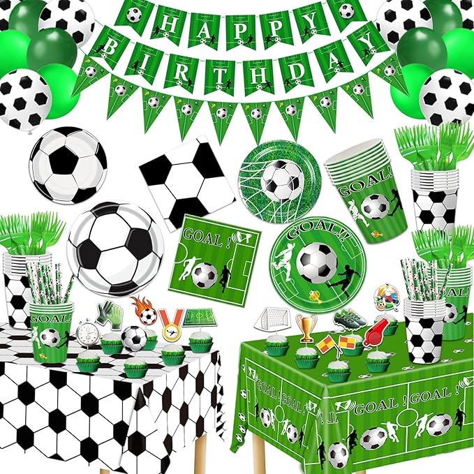 Soccer Party Plates Tableware Set Serves 24 Soccer Party Supplies Includes Banner Plates Cups Napkins Tablecloth for Soccer Sports Theme Birthday Supplies