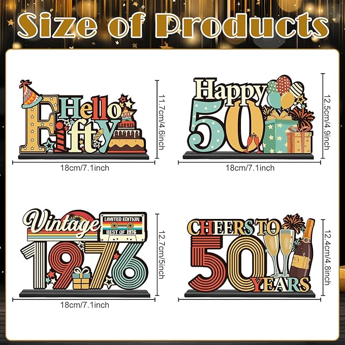 50th Birthday Decorations for Men Women - Colorful Vintage 1976 Fifty Birthday Wooden Centerpieces Table Decor, Cheers to 50 Years Old Bday Table Topper Sign Party Decor Supplies