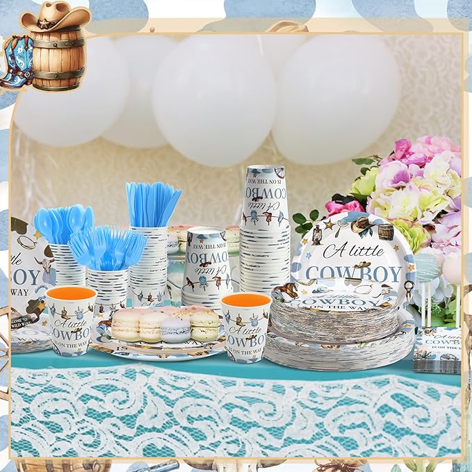 Dandat 350 Pcs Baby Shower Plates Set Baby Shower Party Supplies Serves 50 Tableware Sets Include Plates Napkin Cup Forks Knives Spoons Disposable Dinnerware(Cowboy,Blue)