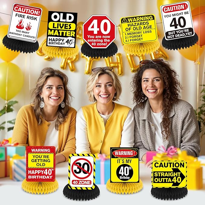 Funny 40th Birthday Decorations 9Pcs 40th Birthday Honeycomb Centerpieces for Adults 40 Years Old Party Decor, Cheers to 40 Years Party Banner Table Topper Caution Logos Sign for Men Women