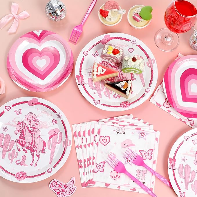 96Pcs Cowgirl Birthday Party Supplies Pink Club Paper Plates and Napkins Pink Western Cowgirl Pony Disco Disposable Tableware Set for Bachelorette Party Baby Shower Serve 24