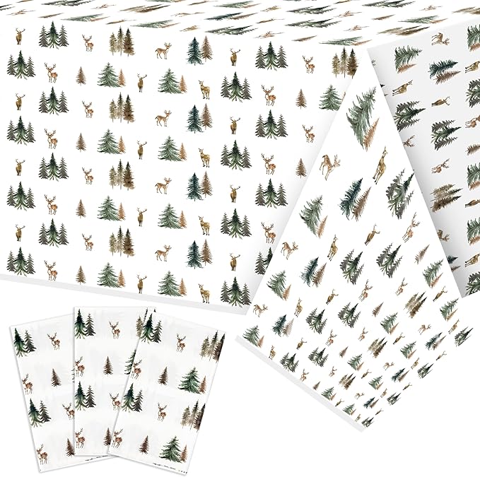 Winter Deer Table Cover - 3Pcs Watercolor Forest Flower Deer Pine Tree Disposable Plastic Rectangle Pack Merry Christmas Xmas Table Cloth Baby Shower Holiday Party Decor Decoration Supplies