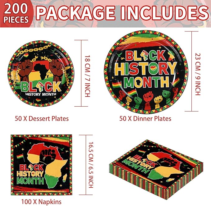 200Pcs Black History Month Party Supplies African American BHM Festival Plates and Napkins Black History Tableware Set for African Freedom Day Happy Juneteenth Party Decorations Serves 50