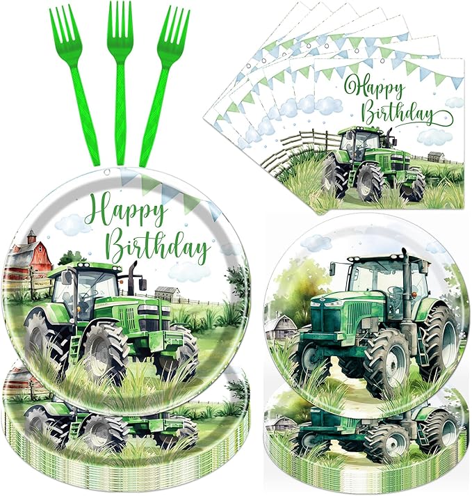 Rakuto Tractor Birthday Party Plates Napkins Tableware Set, Tractor Birthday Party Decorations Supplies for Kids, Disposable Paper Green Farm Dinnerware Party Decor Serves 24