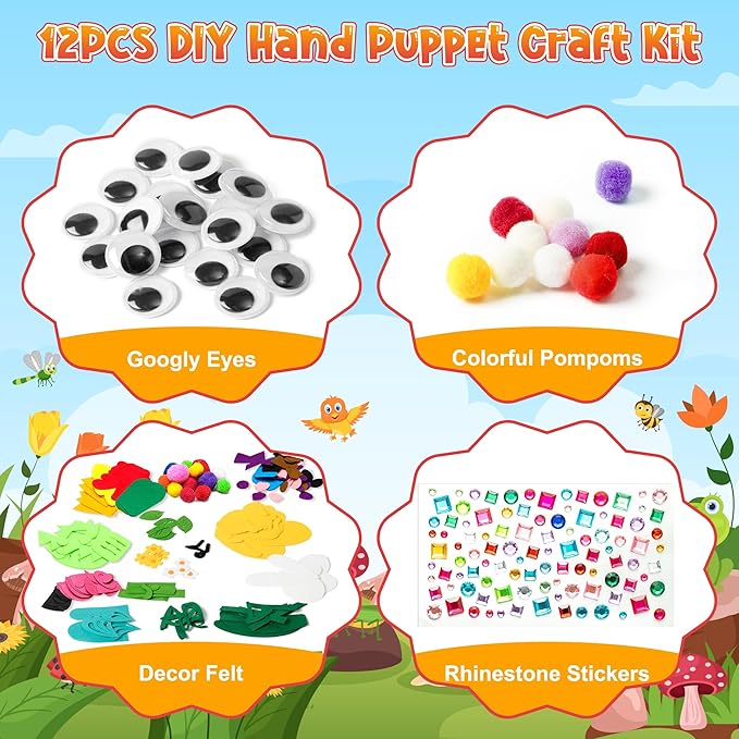 WATINC 12Pcs Hand Puppet Making Kit, Art Craft Felt Sock Puppet Toys, Creative DIY Make Your Own Pompoms Wiggle Googly Eyes Storytelling Role Play Party Supplies Gift for Girls Boys (Animals Insect A)