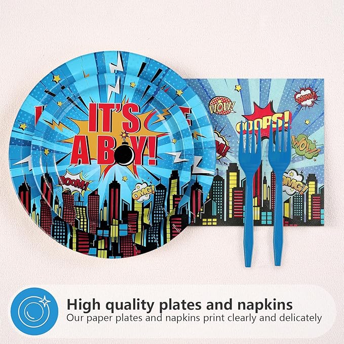 96Pcs Super Theme Hero Baby Shower Party Decoration Hero City Buildings Plates and Napkins Blue Welcome Baby Disposable Tableware Set for Boys Baby Shower Birthday Party Supplies Serves 24