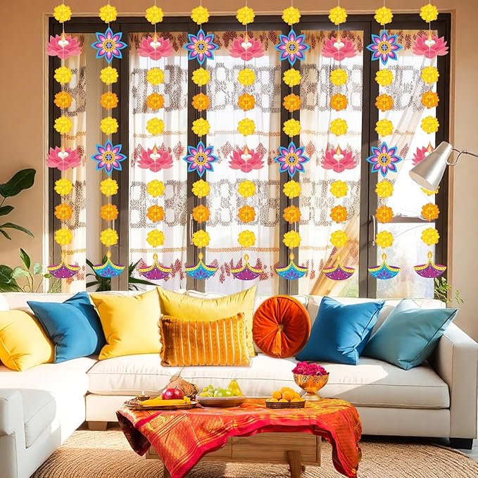 MARFOREVER 41 Ft Diwali Decorations Hanging Banner, Happy Diwali Hanging Streamers Diya Light Marigold Garland Indian Festival Decoration for Pooja Deepavali Home Doorway Curtain Party Supplies