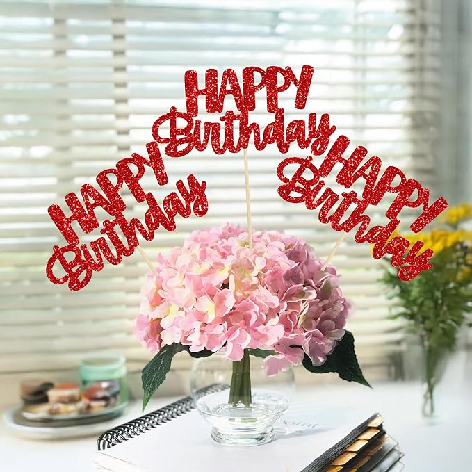 Gyufise 12Pcs Happy Birthday Centerpieces Sticks Double Sided Glitter Birthday Party Decorations Anniversary Table Flower Centerpiece for Celebrating Party Supplies Red