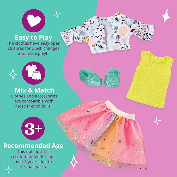 Glitter Girls – 14-Inch Doll Clothes - Shimmer Glimmer Floral Fashion Doll Clothes & Accessories – Urban Top, Flower Jacket & Tutu Skirt Outfit – for 3+ Years Year Old Girls