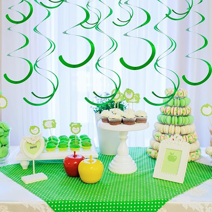 Green Ceiling Swirl Foil Decorations Hanging Plastic Streamer Themed Swirl Party for St. Patrick’s Day Spring Summer Celebration Party Supplies, Pack of 28