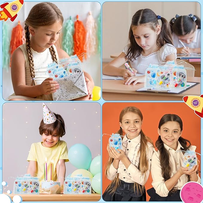 CY2SIDE Space Stationery Party Gift - 12 Pack Spring Gifts Stuffer with Outer Space 4-in-1 Ballpoint Pen Sticky Note Sticker and Organza Astronaut Party Favors Goodie Bag Fillers for School Rewards