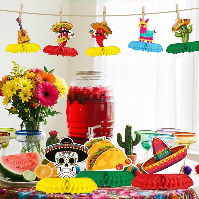 Horaldaily 10PCS Mexican Fiesta Party Table Decoration Centerpieces, Cinco De Mayo Taco Twosday Honeycomb Centerpieces Table Toppers for Home Classroom School Boys Girls Baby Shower Birthday Supplies