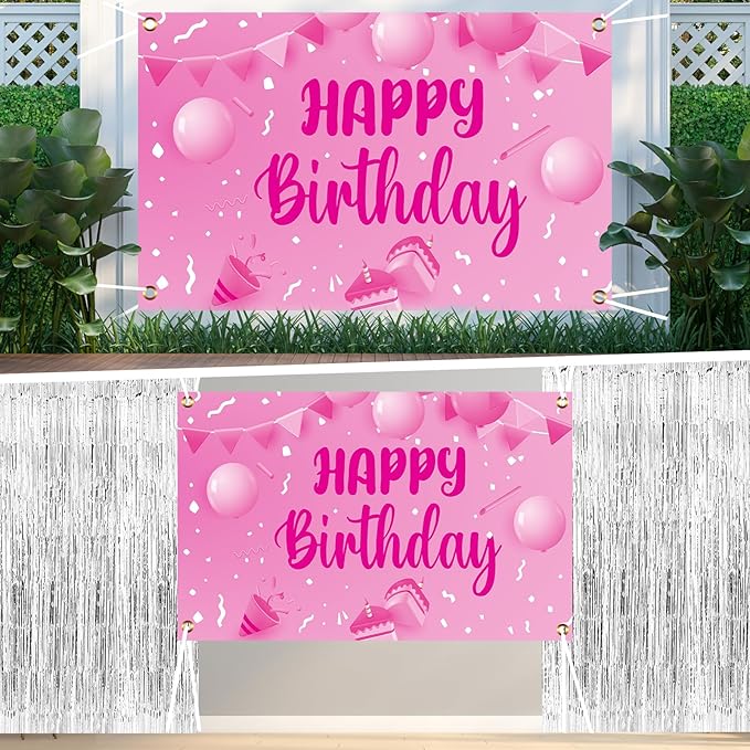 Hot Pink Birthday Decorations for Women Girls, 85pcs Happy Birthday Decor Silver Party Decoration Foil Star Balloons Curtains Banner Tablecloth Light Pink Party Supplies 13th 16th 18th 21st