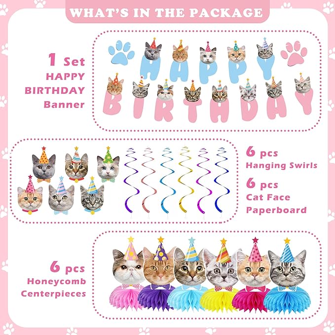 Cat Birthday Party Supplies Cat Birthday Party Decorations, Cat Themed Birthday Party Supplies Includes 1 Birthday Banner, 6 Cat Honeycomb Centerpieces, 6 Hanging Swirls with 6 Cat Cutouts