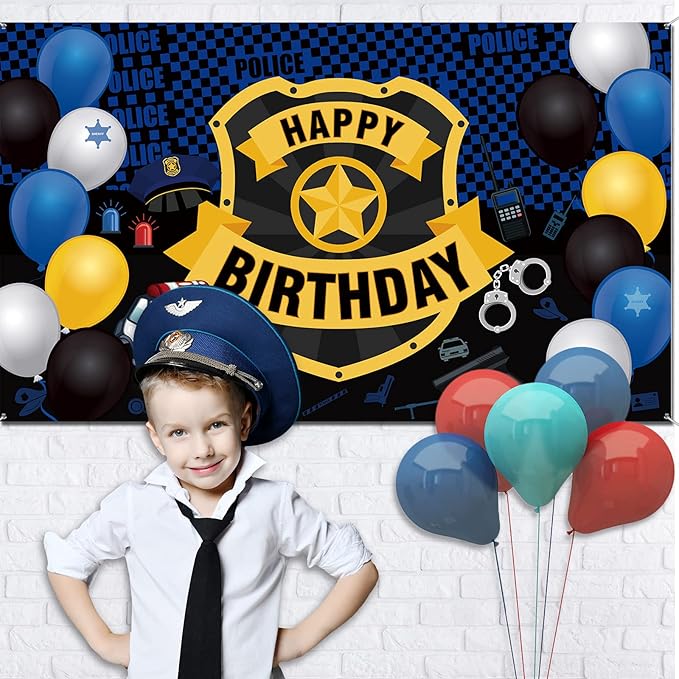 Irenare Police Happy Birthday Party Decorations Police Car Party Decor Supplies Large Badge Banner Backdrop Wall Birthday Party Wall Background Supplies Props 72. 8 x 43. 3 Inch