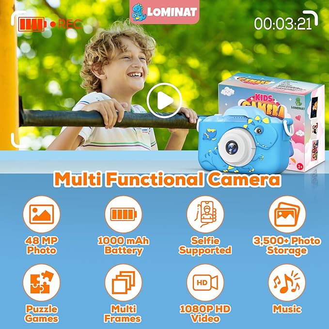 Kids Camera for 3, 4, 5, 6, 7, 8, 9 Year Old Boys Girls – 1080P HD Kids Video Camera, Dinosaur Christmas Birthday Gifts Dual Lens Digital Camera with Games, Toys for Toddlers - 32GB SD Card
