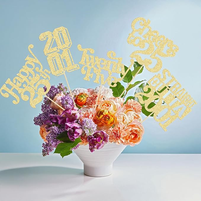 Gyufise 15Pcs Happy 25th Birthday Centerpiece Sticks Twenty Five Straight Outta 2001 Table Flower Centerpieces Sticks for Cheers to 25th Birthday Party Supplies Gold