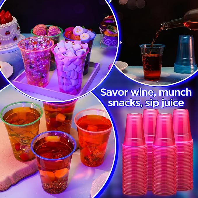 LemonRoad 50 Pack Blacklight Party Glow Cups 16 oz Plastic Neon Cups Disposable Glow in the Dark for Parties Birthdays 80s Themed Events(Multicolor)