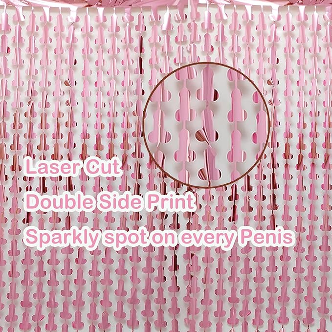 Bachelorette Party Decorations Foil Fringe Curtain, 2-Pack Girls Night Supplies Funny Metallic Streamers, Naughty Tinsel Backdrop for Hen Parties Bridal Shower Adult Birthday (Pink)