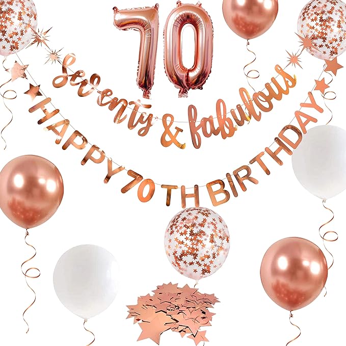 Rose Gold Seventy & Fabulous Happy 70th Birthday Banner Garland Foil Balloon 70 for Womens 70th Birthday Decorations Hanging 70 and Fabulous Cheers to 70 Years Old Birthday Party Supplies Backdrop