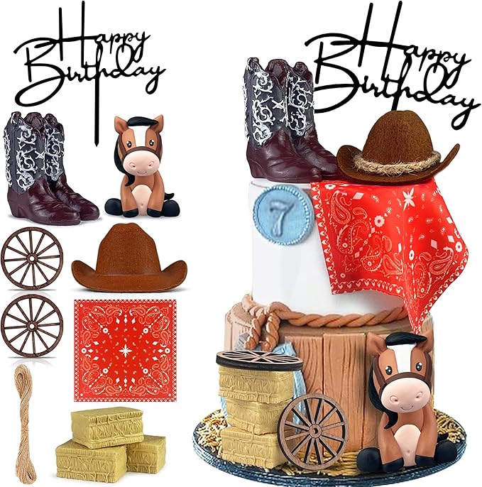 Cowboy Cake Decorations Cowboy Hat and Boot Cake Toppers Western Cowboy Cowgirl Birthday Baby Shower for Western Theme Party Favors Supplies (Brown)