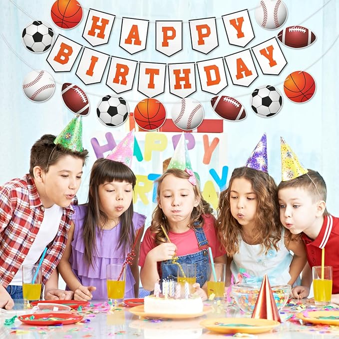 3pcs Sports Birthday Banner - Happy Birthday Basketball Baseball Football Rugby Decorations for Photo Props Party Supplies