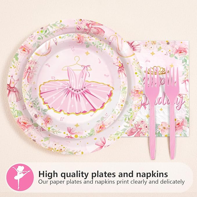 96Pcs Ballerina 3rd Birthday Decorations Cute Ballet 3rd Birthday Plates and Napkins Tableware Sets Ballerina Theme Party Decorations Favors for Girls Ballet Dancing Dancer Party Supplies Serves 24