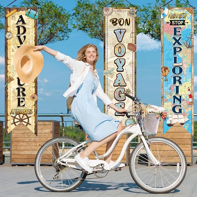3 Pieces Travel Themed Party Decorations Adventure Awaits Banners Vintage Bon Voyage Porch Signs for Indoor Outdoor Graduation Retirement Hanging Backdrops Going Away Farewell Party Decor