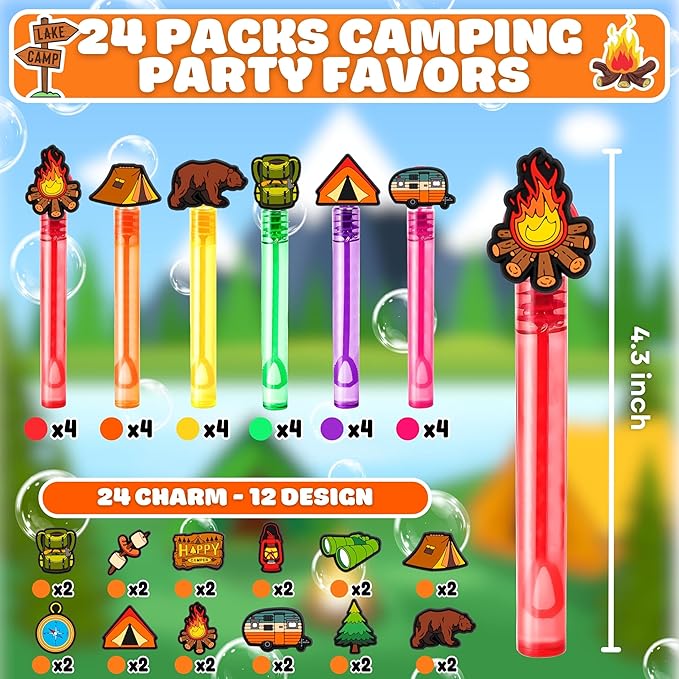 Camping Party Favors for Kids – 24PCS Outdoor Adventure Bubble Wands, Great for Birthday Supplies, Pinata Fillers, Goodie Bags & Classroom Rewards