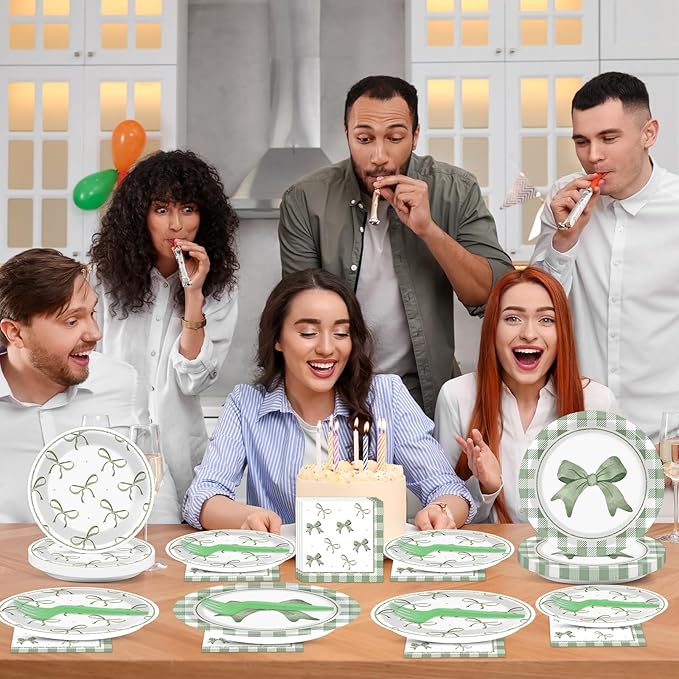 96Pcs Green Plaid Bow Spring Plates and Napkins Coquette Party Decorations Bow Theme Dessert Paper Plates Napkins Birthday Tableware Set for 24 Guests Girls Baby Shower Picnic BBQ Party Suppliess