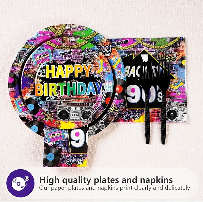 96 Pcs 90's House Party Supplies Disposable 90s Party Paper Plates and Napkins Retro Graffiti Wall Back To The 90' Tableware Set for Men Women 90s Birthday Hip Hop Party Decorations Serves 24