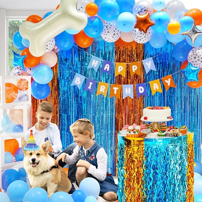 Blue Dog Birthday Party Decorations Supplies, Blue Tinsel Foil Fringe Curtain Backdrop Table Skirt Decor Balloon Garland Arch Happy Birthday Banner Kit for Boy Girls -110 Pcs