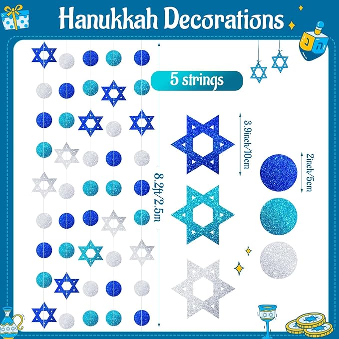 MARFOREVER 41 Ft Hanukkah Decorations Hanging Banner 5 PCS Chanukah Decorations Glitter Blue White Star of David Streamers Swirls Hanukkah Garland for Jewish Party Home Wall Ceiling Decor
