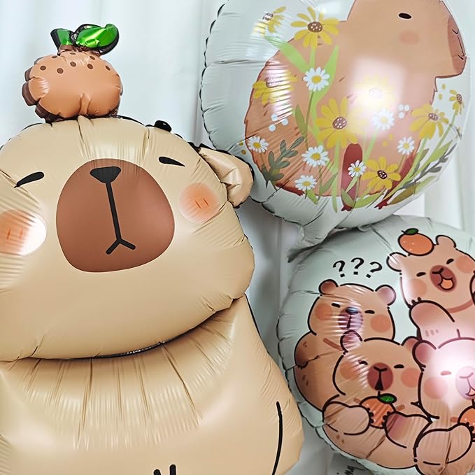 3PCS Capybara Animal Balloons Round Capybara Shaped Foil Birthday Balloon For Capybara Birthday Party Wildlife Park Jungle Animal Theme Party Backdrop Party Supplies Decorations