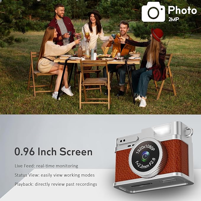 KOOMTOOM Keychain Camera,1080P HD Mini Retro Camera,Tiny Digital Photocamera with 32GB SD Card,0.96'' Pocket Video Recorder Gift for Kids Students,Suprise Box Included (Retro Red Brown)