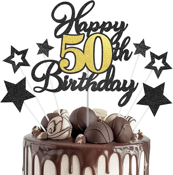 Happy 50th Birthday Cake Toppers, Black Gold Glitter Cake Decorations Set, 50th Birthday Decor for Men Women, Birthday Anniversary Party Decorations Supplies