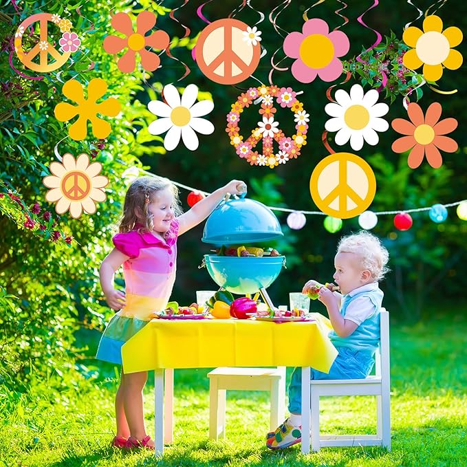 60s 70s Hippie Party Decorations Foil Swirl Decorations, 60s 70s Peace out Sign Groovy Retro Party Retro Flower Cutouts Peace Sign Hanging Swirls Ceiling for Hippie Groovy Birthday, 30 Count(Lovely)
