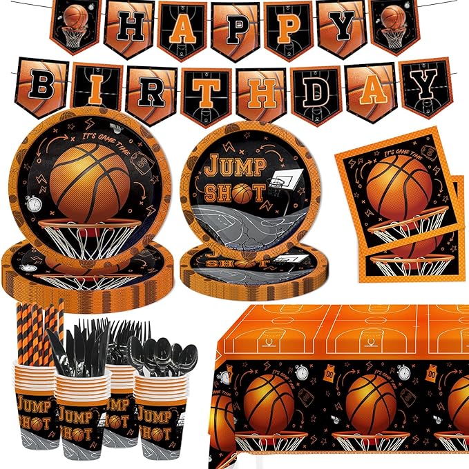 MEHOFOND 194pcs Basketball Party Plates and Napkins Set Birthday Party Decorations Sports Party Supplies Basketball Tableware with Tablecloth Banner for Boy Birthday Party Decor