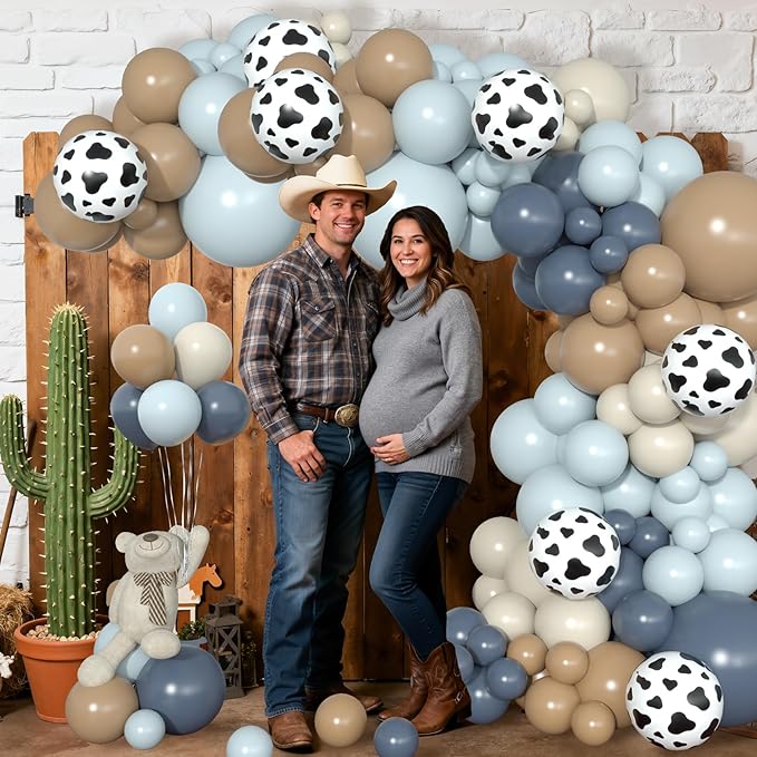 Amandir 153pcs Cowboy Balloon Arch Garland Kit, Different Sizes 18 12 10 5inch Dusty Blue Brown Sand White Cow Print Balloons for Cowboy Shower Rodeo Farm Western Theme Birthday Party Decoration