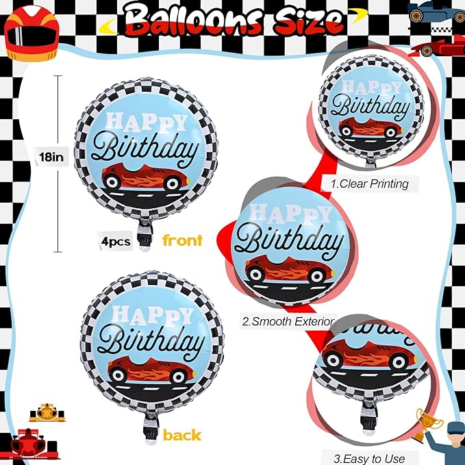 18 Inch Race Car Happy Birthday Balloons, 4pcs Black and White Checkered Racecar Foil Round Balloon, Two Fast One Birthday Decor for Kids Boys Racing Car Driver Monster Truck Theme Party Decorations