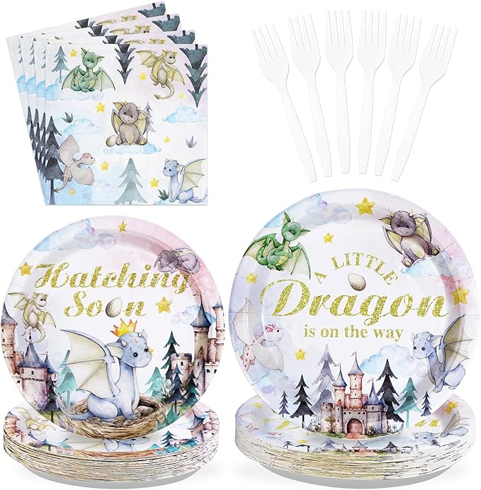Grencian 96Pcs Dragon Baby Shower Decorations Watercolor Dragons Plates and Napkins Disposable A Little Dragon On The Way Paper Tableware for Boys Girls Baby Shower Party Supplies, Serves 24