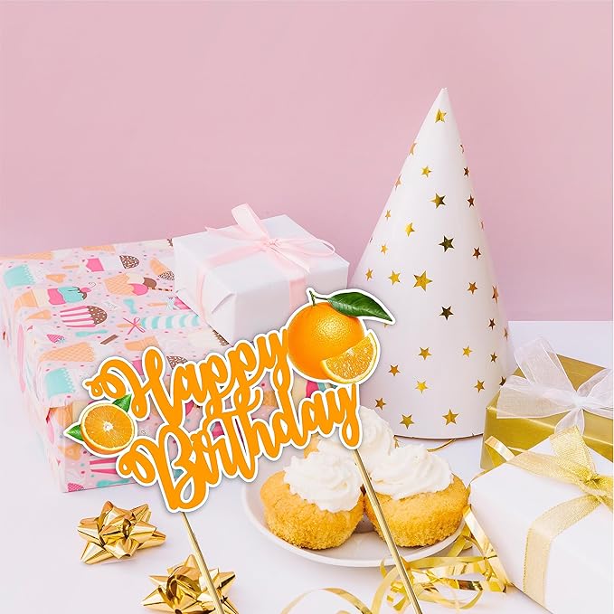 Orange Happy Birthday Cake Topper – Fresh Fruit Theme Cake Decoration for Birthday Celebration, Orange Inspired Dessert Topper for Party Cakes, Table Display Styling, Photo Setup.