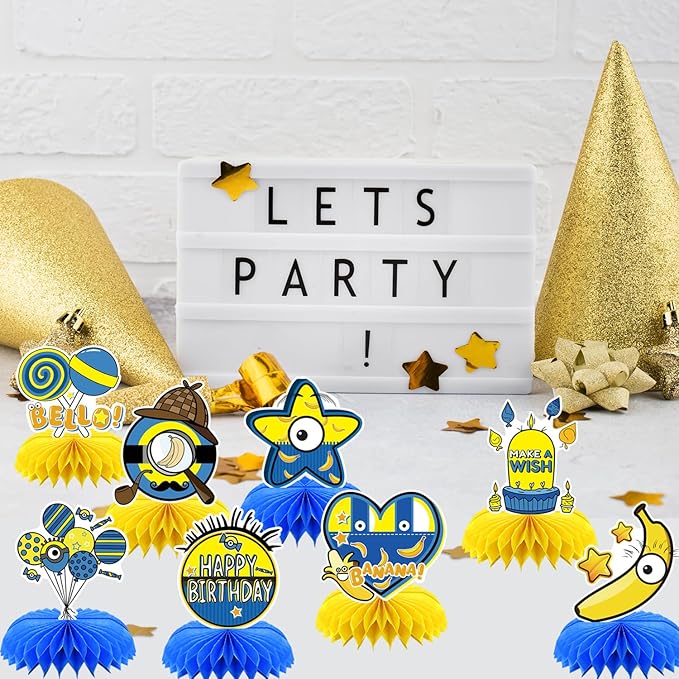8Pcs Yellow Cartoon Party Supplies Set Honeycomb Centerpieces Double Sided Table Topper for Birthday Decorations