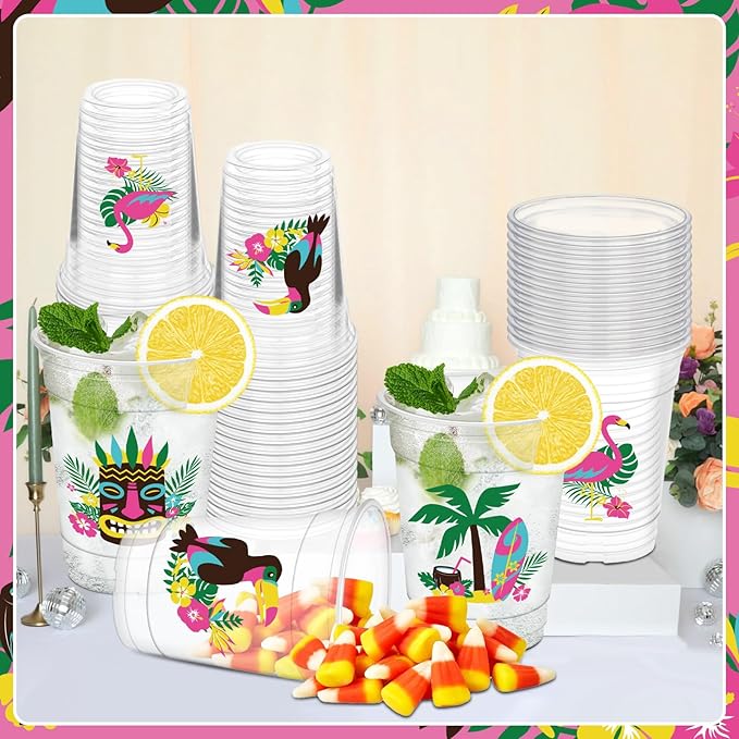 50Pcs Hawaiian Cups, 12oz Luau Party Cups Aloha Plastic Cup for Hawaiian Tropical Aloha Decorations Summer Themed Birthday Party Favor Luau Beach Pool Supplies